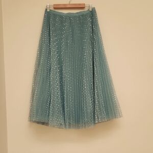 J.Crew Tulle A-line Midi in Aqua Metallic Gold Dot Pleated Skirt Size 6